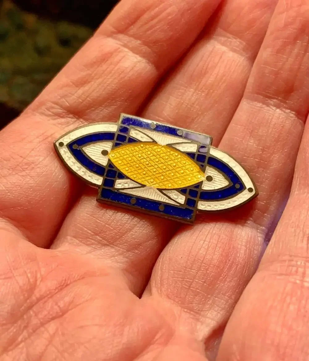 Art Deco Antique Enameled blue and yellow Pin Gorgeous